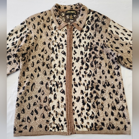 LISA Original Women's Leopard Print Zip Up Knit Jacket Shoulder Pad Cardigan, MD - Picture 12 of 16